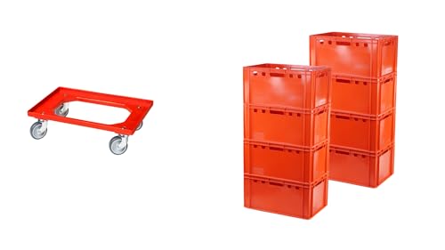 8 Stück E3-Kasten rot + 1 Transportroller mit Vier Lenkrollen rot von Logiplast