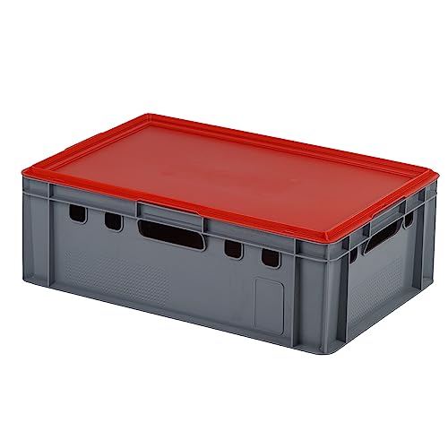 E2 Kiste mit rotem Deckel 600 x 400 x 200 mm Fleischkiste Lagerkiste Metzgerkiste in grau von Logiplast