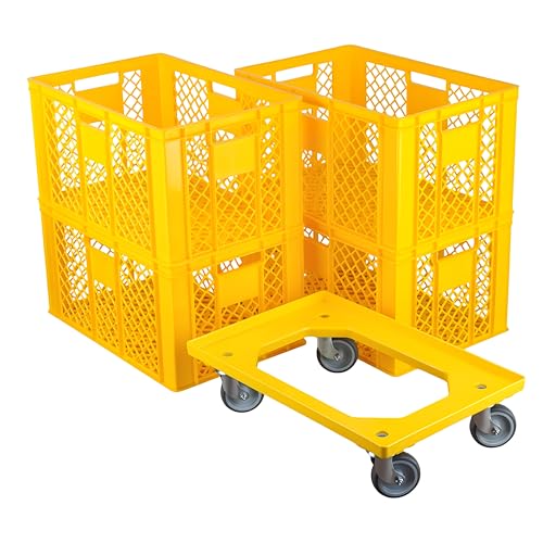 Logiplast 4 Stück Bäckerkisten Brotkisten 600 x 400 x 320 mm in gelb + 1 Transportroller in gelb von Logiplast