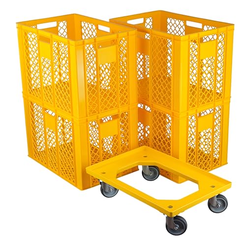 Logiplast 4 Stück Bäckerkisten Brotkisten 600 x 400 x 410 mm in gelb + 1 Transportroller in gelb von Logiplast