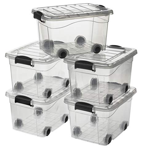 Logiplast 5 Stück Aufbewahrungsbox transparent 20 Liter mit Deckel und Klickverschluss 450 x 335 x 250 mm inkl. Rollen von Logiplast