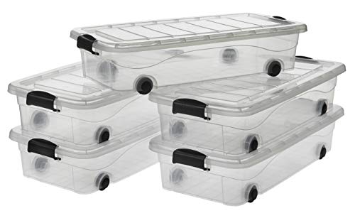 Logiplast 5 Stück Aufbewahrungsbox transparent 30 Liter mit Deckel und Klickverschluss 780 x 394 x 177 mm inkl. Rollen von Logiplast