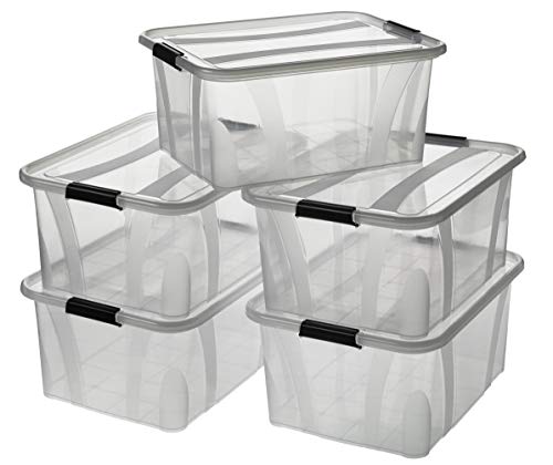 Logiplast 5 Stück Aufbewahrungsbox transparent 32 Liter mit Deckel und Klickverschluss 510 x 385 x 230 mm von Logiplast