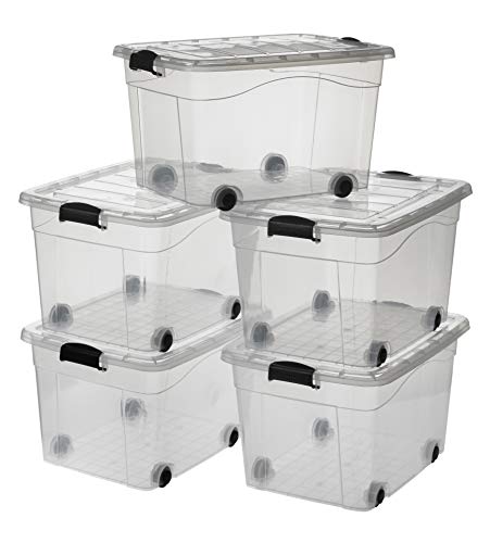 Logiplast 5 Stück Aufbewahrungsbox transparent 60 Liter mit Deckel und Klickverschluss 610 x 450 x 360 mm inkl. Rollen von Logiplast