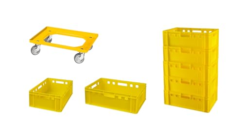 Logiplast 7 Stück E2-Kasten gelb + 1 Transportroller mit vier Lenkrollen gelb von Logiplast