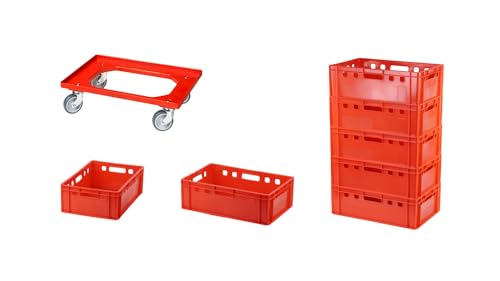 Logiplast 7 Stück E2-Kasten rot + 1 Transportroller mit vier Lenkrollen rot von Logiplast