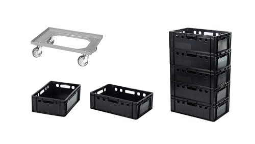 Logiplast 7 Stück E2-Kasten schwarz + 1 Transportroller mit vier Lenkrollen grau Logiplast 7 Stück E2-Kasten schwarz + 1 Transportroller mit vier Lenkrollen grau von Logiplast