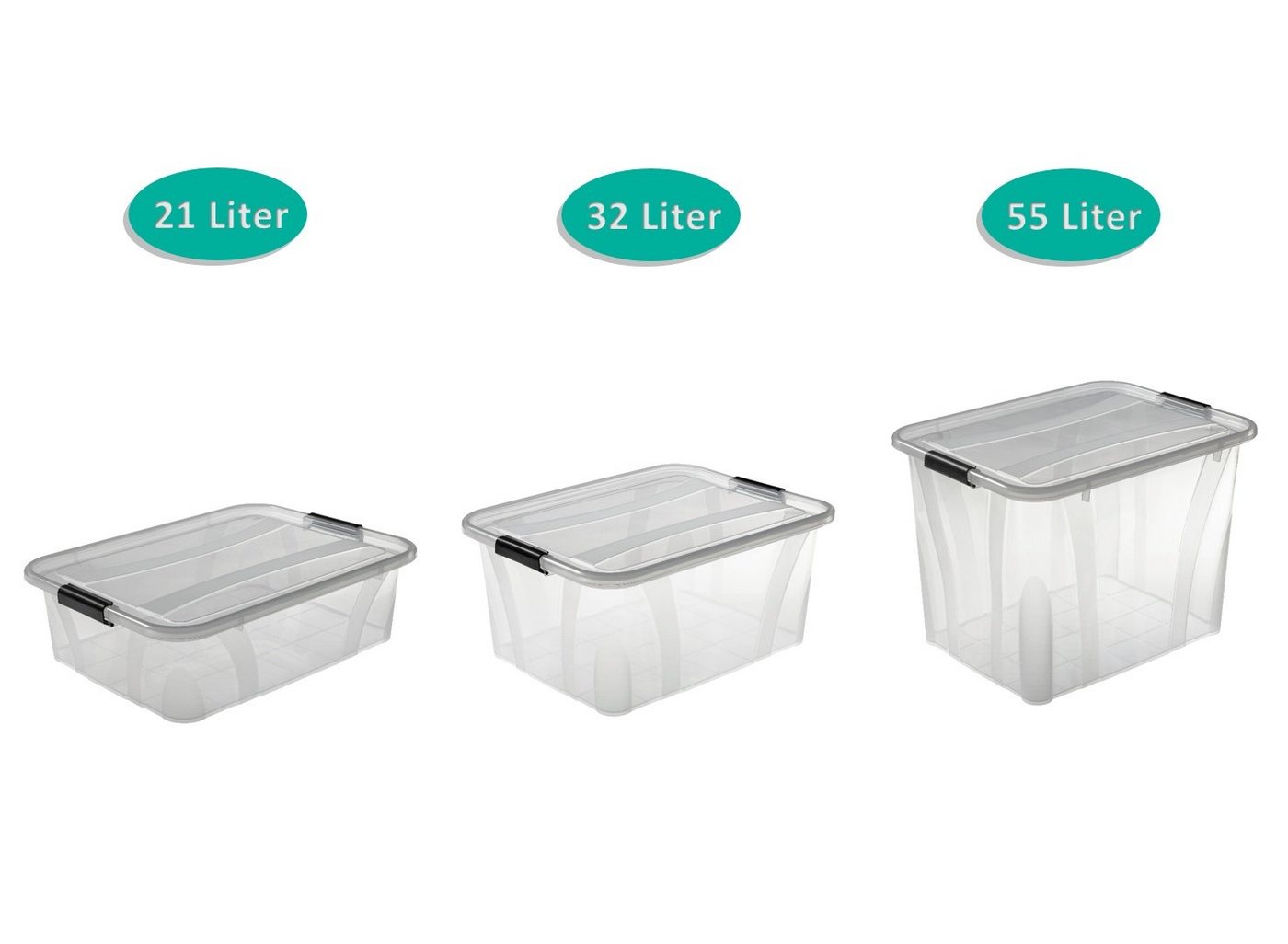 Logiplast Aufbewahrungsbox Set Aufbewahrungsboxen 21 Ltr. + 32 Ltr. + 55 Ltr. - 1 Stück (Spar-Set, 3 Stück), lebensmittelunbedenklich, leicht zu reinigen, transparent von Logiplast