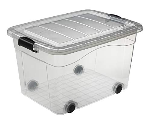 Logiplast Aufbewahrungsbox transparent 60 Liter mit Deckel und Klickverschluss 610 x 450 x 360 mm inkl. Rollen von Logiplast
