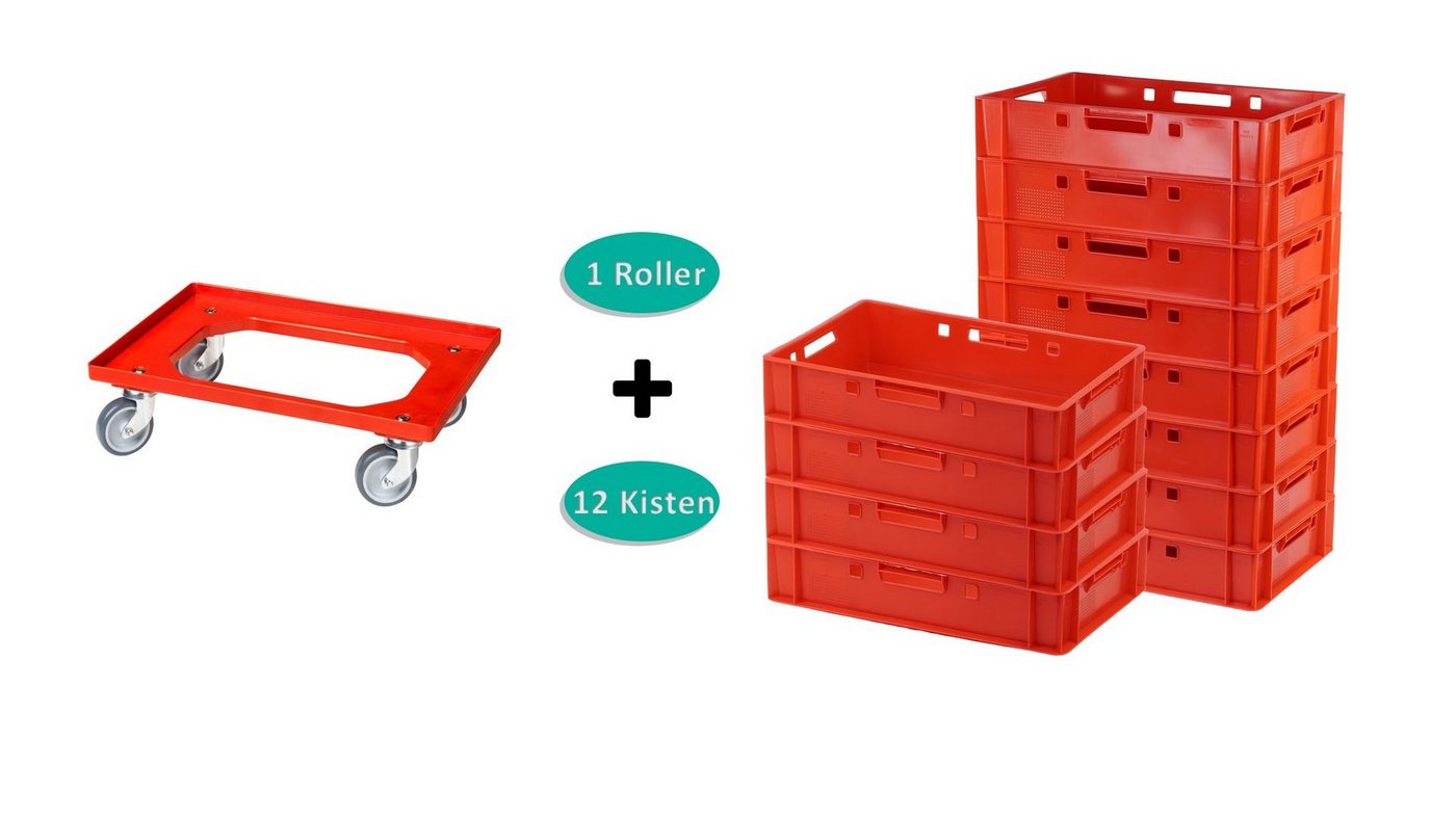 Logiplast Transportbehälter 12 Stück E1-Kisten rot + 1 Transportroller in rot, (Spar-Set, E-Kisten), lebensmittelecht, leicht zu reinigen, robust, langlebig von Logiplast