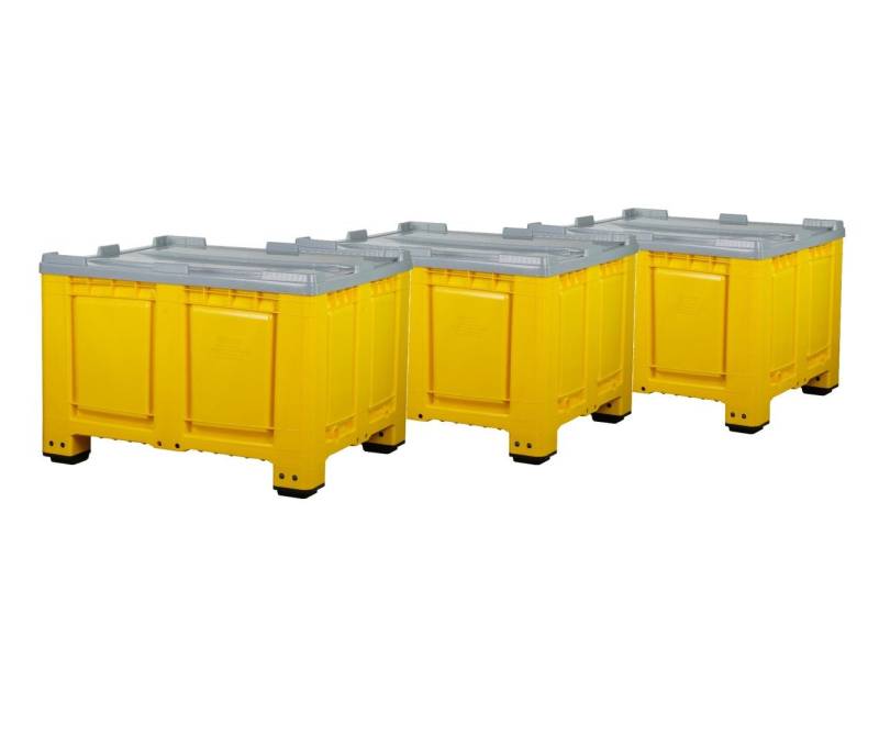 Logiplast Transportbehälter 3 Stück Palettenboxen m. Deckel 680l 120x100x79 cm Gelb 4 Füssen von Logiplast