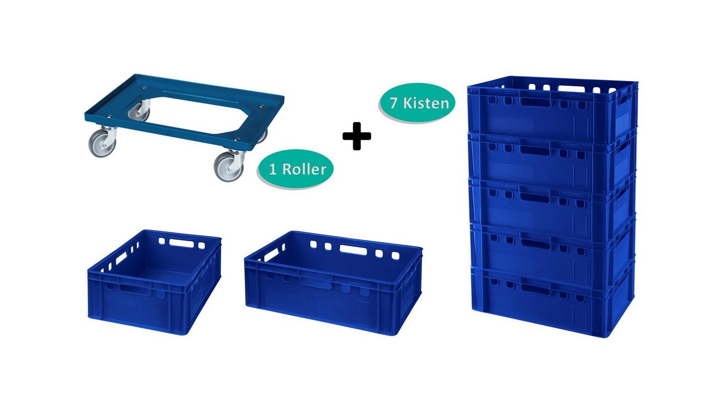 Logiplast Transportbehälter 7 E2 Kisten blau mit einem Transportrollen blau, (Spar-Set, 7 Stück E2 Kisten), Lebensmittelecht, leicht zu reinigen, stapelbar von Logiplast