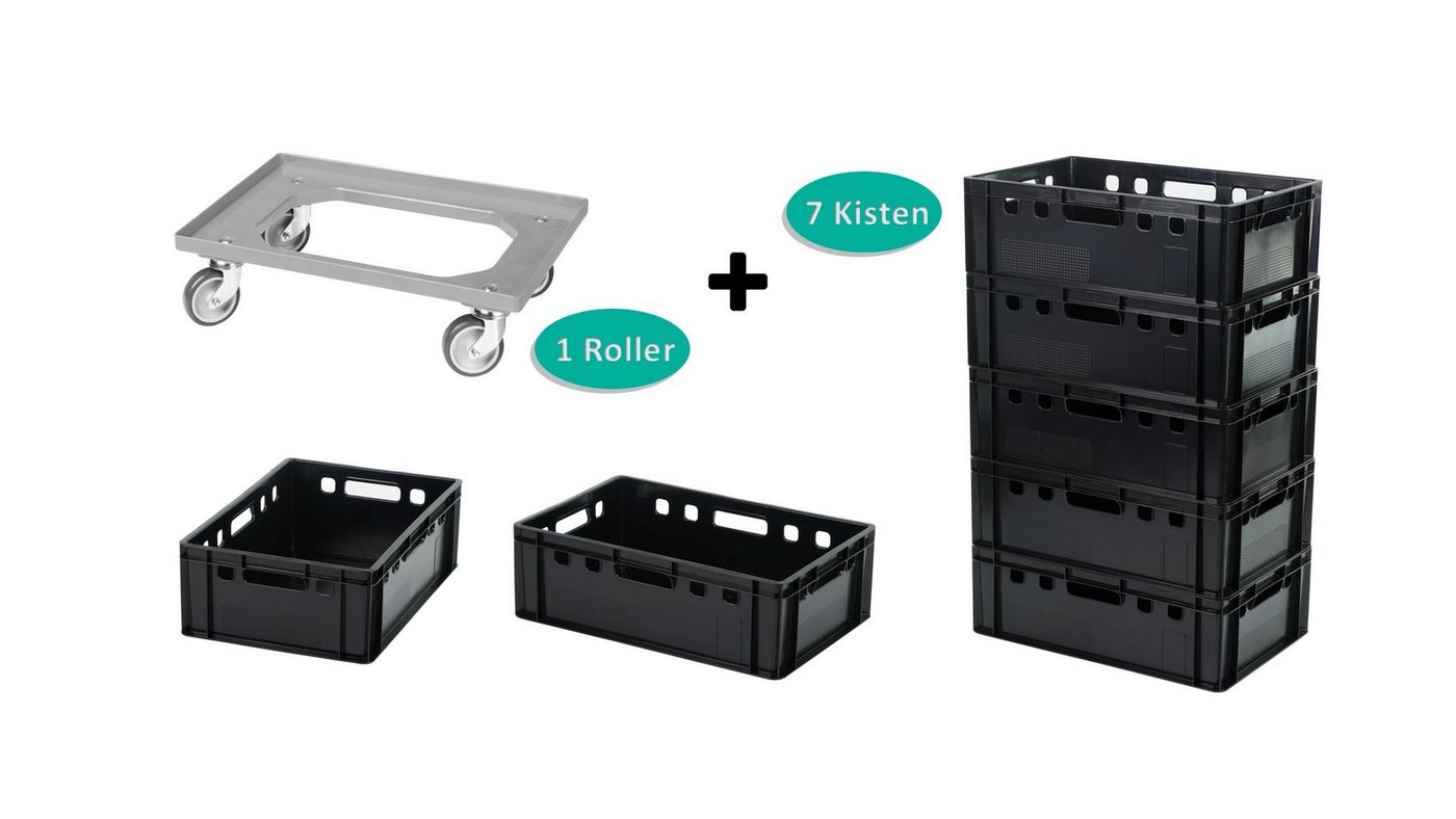 Logiplast Transportbehälter 7 E2 Kisten schwarz mit einem Transportrollen grau, (Spar-Set, 7 Stück), lebensmittelunbedenklich, robust, stapelbar, einfach zu reinigen von Logiplast