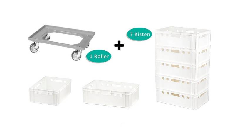 Logiplast Transportbehälter 7 E2 Kisten weiß mit einem Transportrollen grau, (Spar-Set, 7 Stück), lebensmittelecht, stapelbar, leicht zu reinigen von Logiplast
