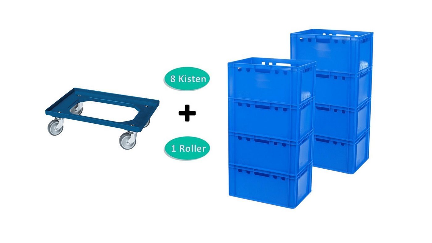 Logiplast Transportbehälter 8 Stück E3-Kasten blau + 1 Transportroller blau von Logiplast
