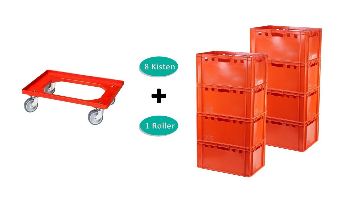 Logiplast Transportbehälter 8 Stück E3-Kasten rot mit einem Transportroller rot, (Spar-Set), stapelbar, widerstandsfähig, robust, langlebig von Logiplast