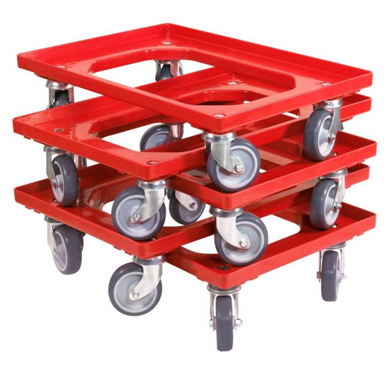 Logiplast Transportroller 5 Stück für Kisten 600x400 mm 4 Lenkrollen Rot, (Spar-Set, 5 Stück), robust, bis 250 kg Traglast, leise laufende Rollen von Logiplast