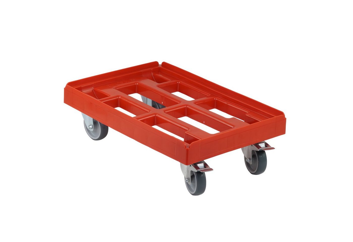 Logiplast Transportroller Transportroller für Kisten 60 x 40 cm mit 2 Bockrollen und 2 Bremsen, (1 Stück), bis 300 kg Traglast, Feststellbremse, leise laufende Räder von Logiplast