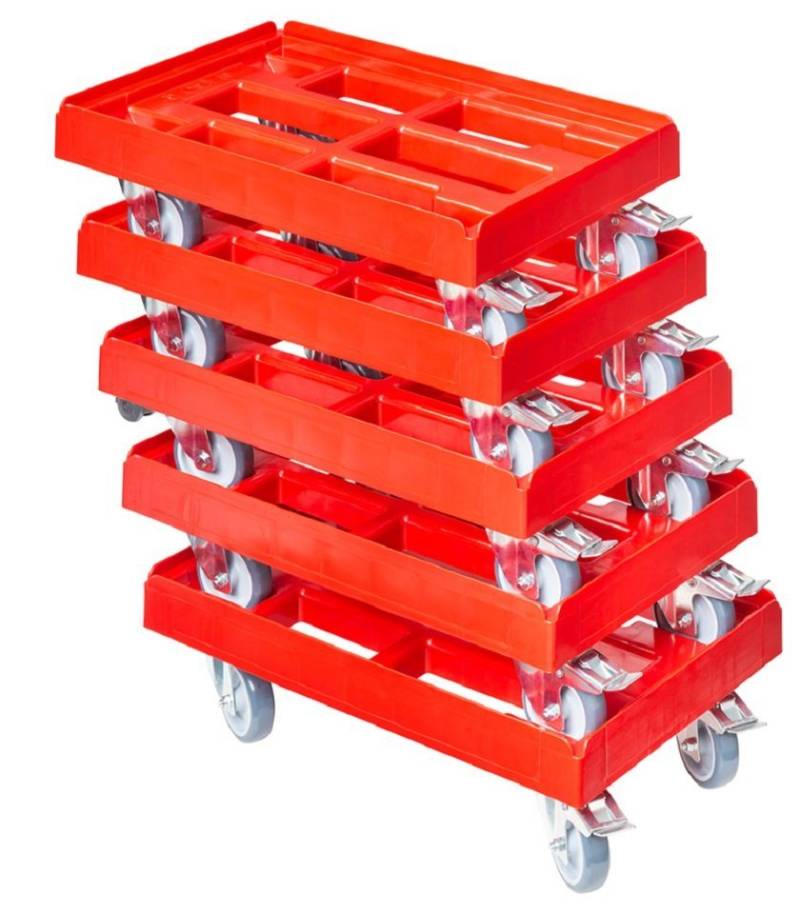 Logiplast Transportroller 5 x Stück für Kisten 600x400 mm mit 2 Bremsen Rot, (Sparset, 5 Stück), bis 300 kg belastbar, langlebig, robust, mit Stapelmulden von Logiplast