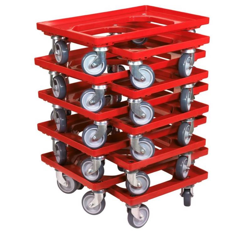 Logiplast Transportroller 10 x Stück für Kisten 600x400 mm 4 Lenkrollen Rot, (Spar-Set, 10 Stück), bis 250 kg belastbar, langlebig, leise laufende Rollen von Logiplast
