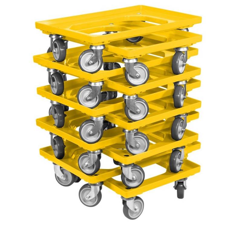 Logiplast Transportroller für Kisten 600x400 mm mit 4 Lenkrollen und 250 kg Traglast in Gelb, (Spar-Set, 10 Stück), bis 250 kg belastbar, langlebig, leise laufende Rollen von Logiplast