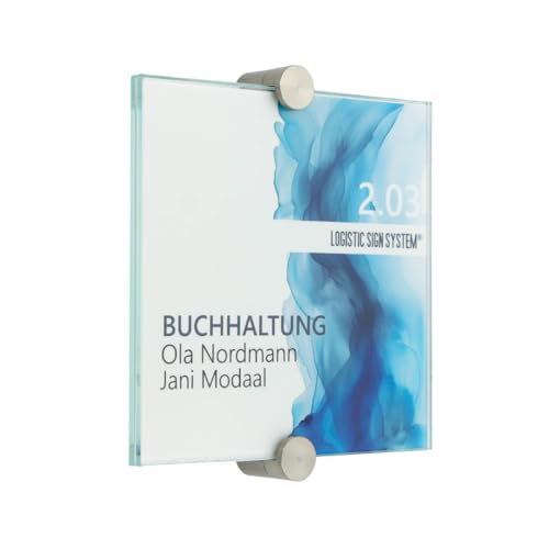 Logistic Sign System Türschild Glas für Büro, Vitrum K, 130/130 mm, 2 Edelstahl Klemmhalter von Logistic Sign System