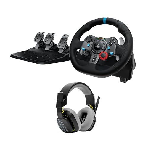 Logitech G G29 Driving Force Rennlenkrad und Pedale, Force Feedback, echtes Leder + ASTRO A10 Gen 2 kabelgebundenes Headset – für PS5, PS4, PC, Mac – Schwarz von Logitech G