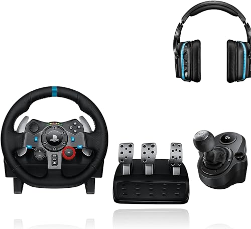 Logitech G29 Driving Force Gaming Rennlenkrad, Zweimotoriges Force Feedback - Schwarz + Logitech G Driving Force Schalthebel - Schwarz + Logitech G935 kabelloses Gaming-Headset - Schwarz von Logitech G