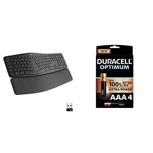 Logitech Ergo K860 - kabellose ergonomische Tastatur mit geteilter Tastenanordnung, Skand + Duracell NEU Optimum AAA Micro Alkaline-Batterien von Logitech