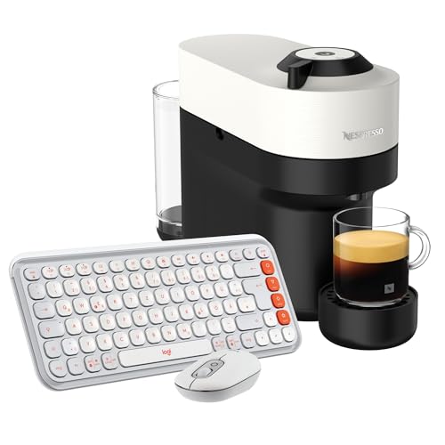 Logitech POP ICON Keys kabellose Bluetooth-Tastatur, Comfortable Tippen, POP Mouse, kompakte und Mobile kabellose Bluetooth-Maus, Nespresso Krups XN 9201 Vertuo Pop Coffee Capsule Machine, Weiß von Logitech