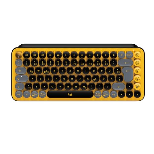 Logitech POP Keys Mechanische kabellose Tastatur mit anpassbaren Emoji-Tasten, Kompaktes Design, Bluetooth- oder USB-Verbindung, Multi-Device, OS-kompatibel, Deutsches QWERTZ-Layout - Gelb/Schwarz von Logitech