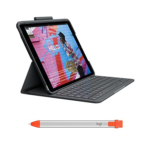 Logitech Slim Folio Tastatur-Case für iPad (7. Gen. – 2019 | 8. Gen. – 2020 | 9. Gen – 2021) Crayon digitaler Stift für alle iPads (ab 2018) - DEU QWERTZ - Graphite von Logitech