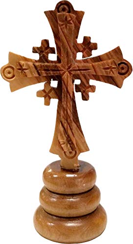 Logos Trading Post Holy Land Jerusalem-Kreuz aus Olivenholz, stehend, aus Israel, mittelgroß, handgeschnitztes Kreuz auf Ständer, 10,8 cm von Logos Trading Post