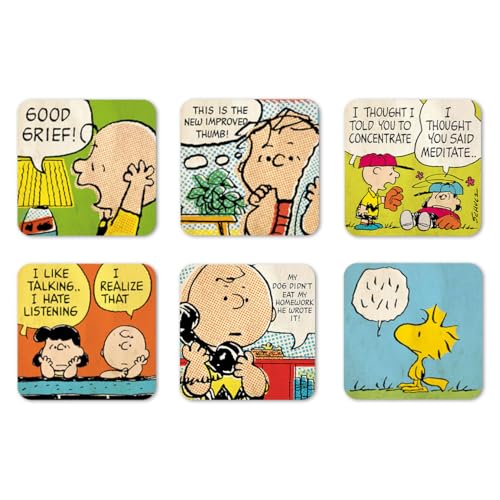 Logoshirt® Peanuts | Charlie Brown & Freunde I Kommunikation | Untersetzer | 6er Set | Kork | 10x10cm | langlebiger Druck | Lizenziertes Originaldesign von Logoshirt