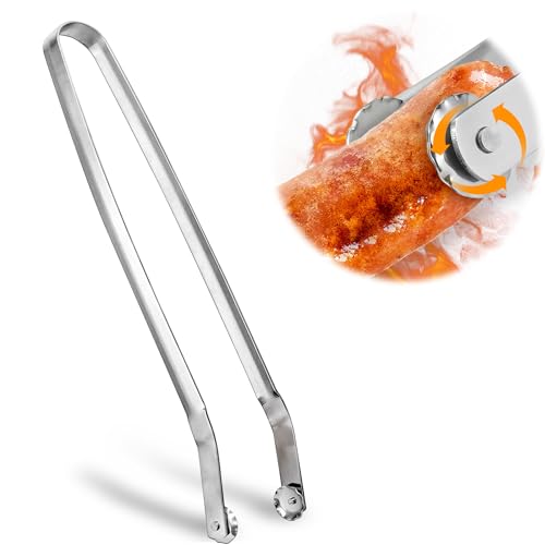 Grillzange mit Rädchen Lang für Wurst - Obst Salat - Fleisch - BBQ Sausage Turning Tongs For Cooking - Drehbar Wurstdrehzange - - Grillen Zange Aus Metall - Edelstahl Küchenzange zum Kochen von Lohca