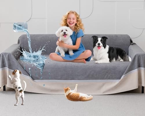 Loiion 100% Wasserdichtes Sofabezug für Hunde, 3 Sitzer Sofaüberwürfe, Doppelseitige Wasserdicht, Haustierfreundliche & rutschfeste Möbelabdeckung, Perfekter Schutz für Ihre Möbel, Grau, 340x230cm von Loiion