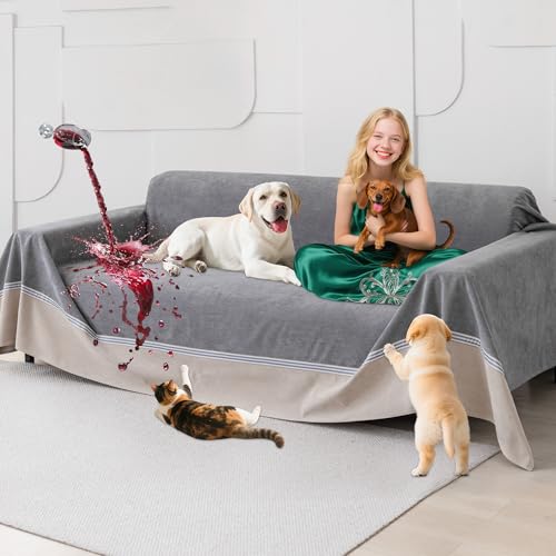 Loiion 100% Wasserdichtes Sofabezug​, Sofa Schonbezug Hunde, Sofaüberwurf rutschfest Schutz Hund, Urin Schutz Sofa​ für Katzen​ Hunde Haustier, Couchbezug für 2 Sitzer Kratzschutz, Grau, 300x230cm von Loiion