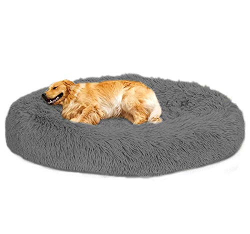 Loir Fluffy hundebett für große und extra große Hunde, 120 cm, Grau, Donut Weiches Plüsch Rundes hundekissen, Waschbar, Tiefschlaf von Loir