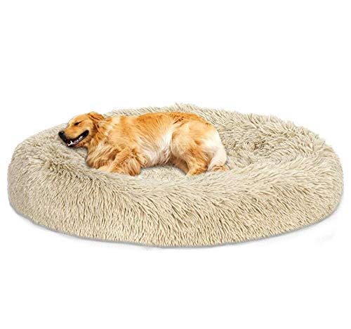 Loir Fluffy hundebett für große und extra große Hunde, 120 cm, Khaki, Donut Weiches Plüsch Rundes hundekissen, Waschbar, Tiefschlaf von Loir