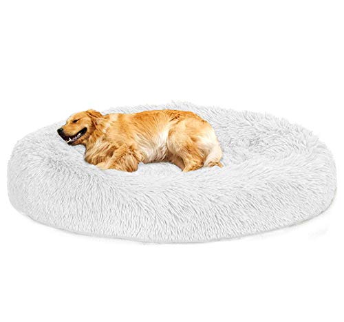 Loir Fluffy hundebett für große und extra große Hunde, 120 cm, Weiß, Donut Weiches Plüsch Rundes hundekissen, Waschbar, Tiefschlaf von Loir