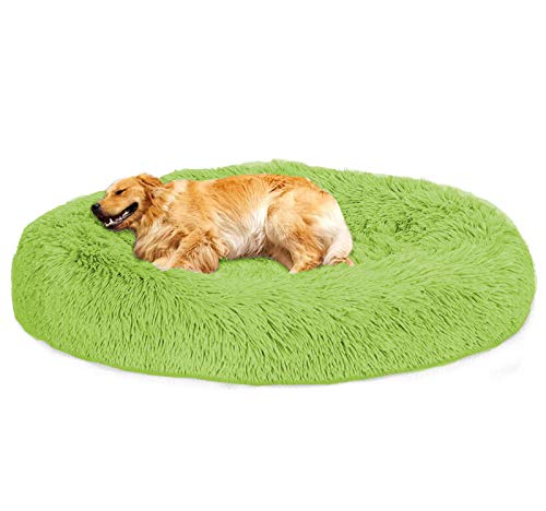 Loir Fluffy hundebett für große und extra große Hunde, 90 cm, Grün, Donut Weiches Plüsch Rundes hundekissen, Waschbar, Tiefschlaf von Loir