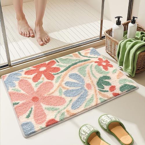 Loismood Florale Badematte, super saugfähig, rutschfest, maschinenwaschbar, gemütlicher Teppich für Dusche, Wohnzimmer und Balkon, 60 x 40 cm, Rosa Blumenstrauch von Loismood