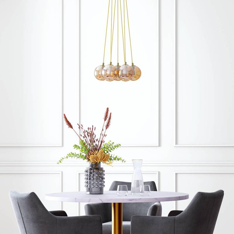 home24 Pendelleuchte 7-flammig 36 x 145 x 36cm Gold/Metall Gold glänzend/Glas Bernsteinfarben Material: Glas, Metall LED G9 von home24