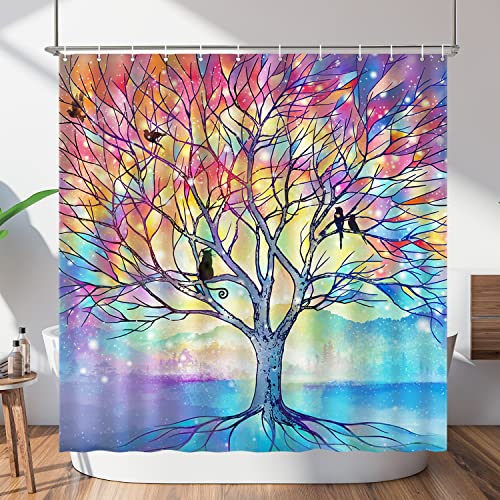 Lokigo Malbaum Duschvorhang, Colord Life Tree Duschvorhang, Polyester wasserabweisend Duschvorhänge für Badezimmerdekoration, moderner Baum und Vögel Duschvorhang 182,9 x 182,9 cm mit 12 Haken von Lokigo