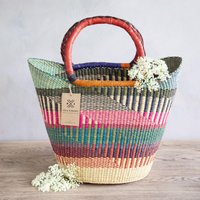 Einkaufskorb - Imani African, Fairtrade, Bolga, Warenkorb in Pink, Orange Und Blaugrün Mit Ledergriffen von LolaAndMawu