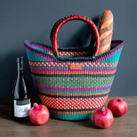 Einkaufskorb - Paga African, Fairtrade, Bolga, Marktkorb in Türkis, Oliv Und Pink Mit Ledergriffen von LolaAndMawu