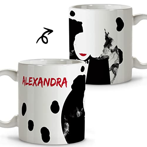 Disney Frühstücksbecher. Personalisierte Tasse mit Namen. Disney-Tassen. Ceámica Becher. 330 ml. Verschiedene Designs und Innenfarben. Originelle Geschenke. CRUELLA von LolaPix