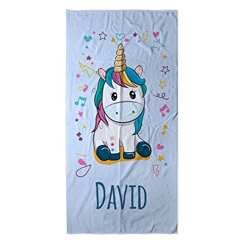 LolaPix Strandtuch Einhorn. Personalisiert Strandtuch. Strand Badetuch mit Namen. Personalisierte Handtuch. Personalisierte Geschenke. Verschiedene Designs und Größen. BLAUES Einhorn von LolaPix