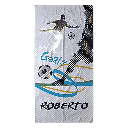 LolaPix Strand Badetuch mit Namen. Personalisiert Strandtuch. Strand Badetuch mit Namen. Personalisierte Handtuch. Personalisierte Geschenke. Verschiedene Designs und Größen. Soccer von LolaPix