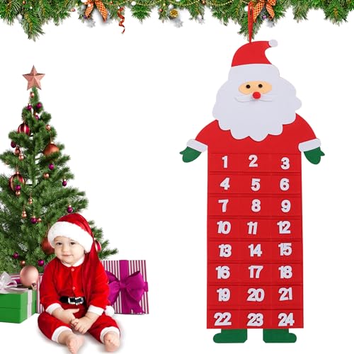 Lollanda 91x32cm Adventskalender zum Befüllen Stoff Kinder, Weihnachtskalender zum Befüllen für Kinder mit 24 Taschen, Weihnachtsmann Kalender für Indoor Wanddekorationen Weihnachtsschmuck (Rot) von Lollanda